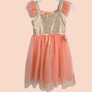 Popatu Girls Sequin Tulle Dress Size 6 NWT Nordstrom Peach & Gold